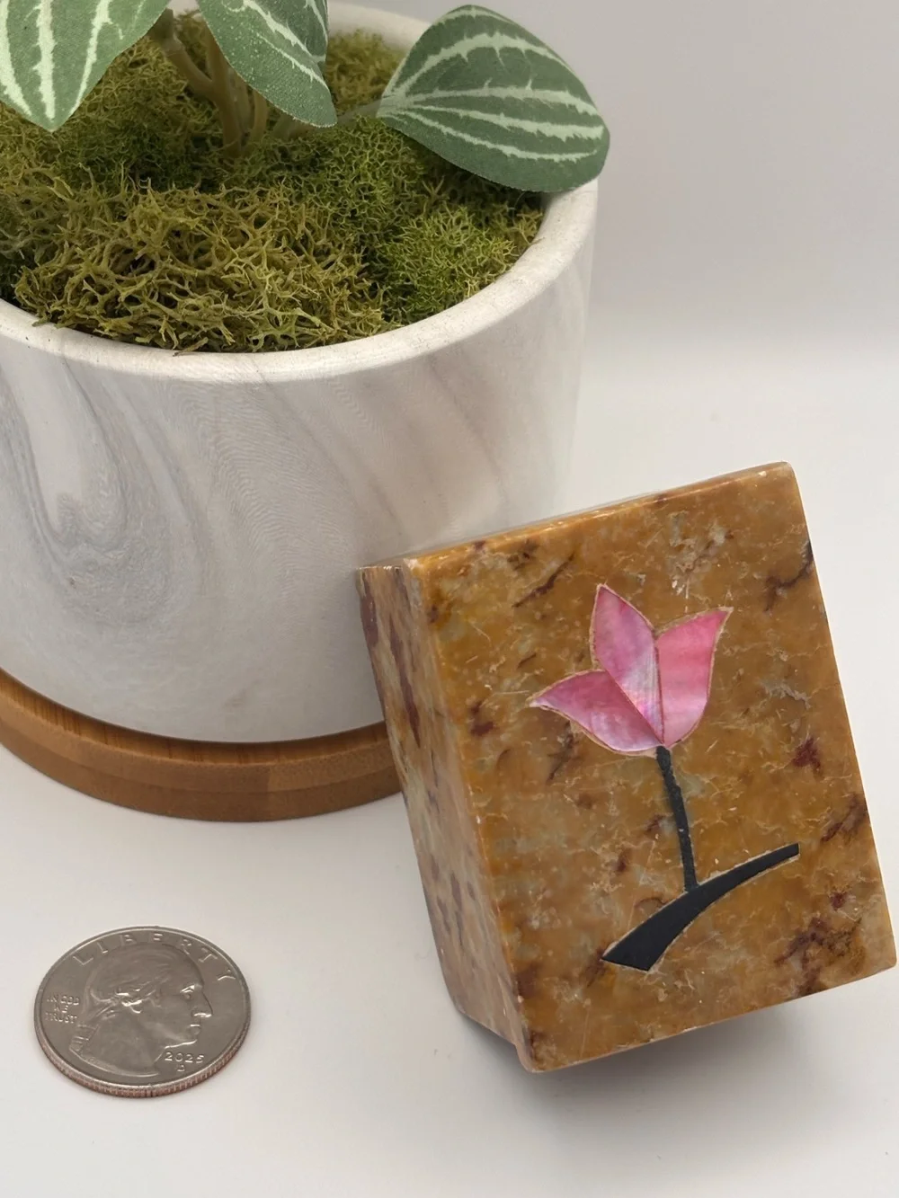 Vintage Stone or Marble Trinket Box with Pink Mother-of-Pearl Flower Accent